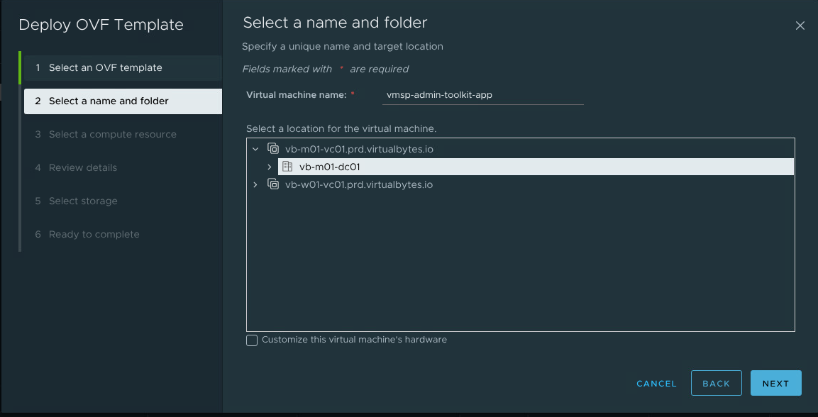 OVF wizard - select a name and folder