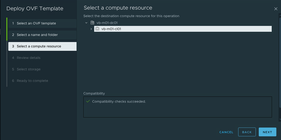 OVF wizard - select a compute resource