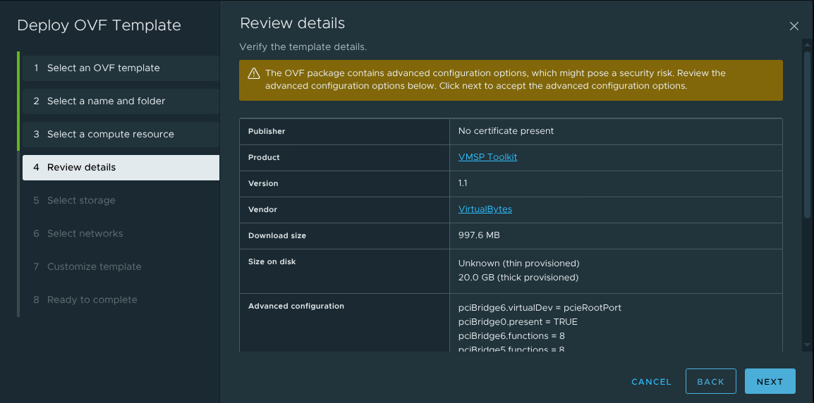 OVF wizard - review details showing VMSP Toolkit by VirtualBytes
