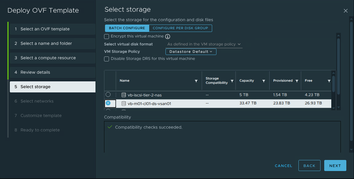 OVF wizard - select storage