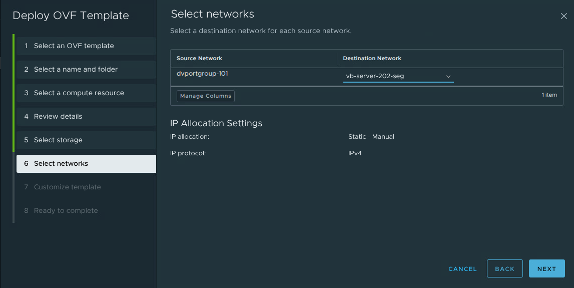 OVF wizard - select networks