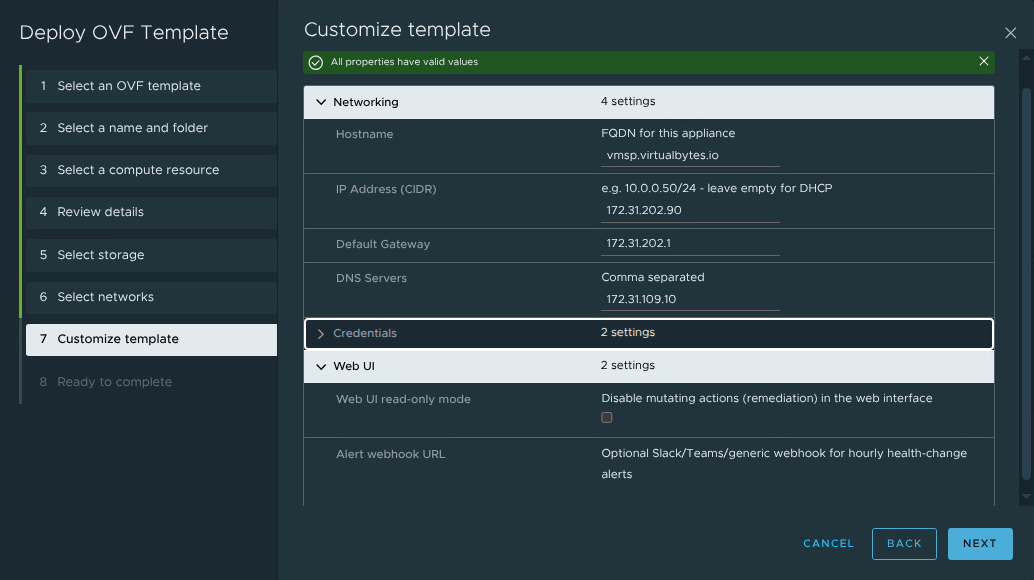 OVF wizard - customize template with appliance properties