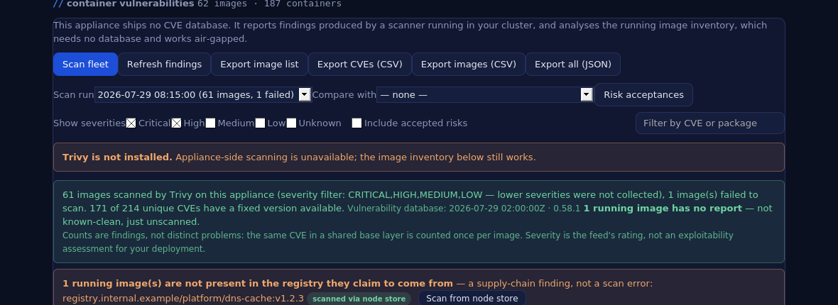 Coverage line reading 62 running images: 61 via registry, 1 via node store, 0 unscanned, above an amber banner flagging an image absent from its registry with a Scan from node store action.