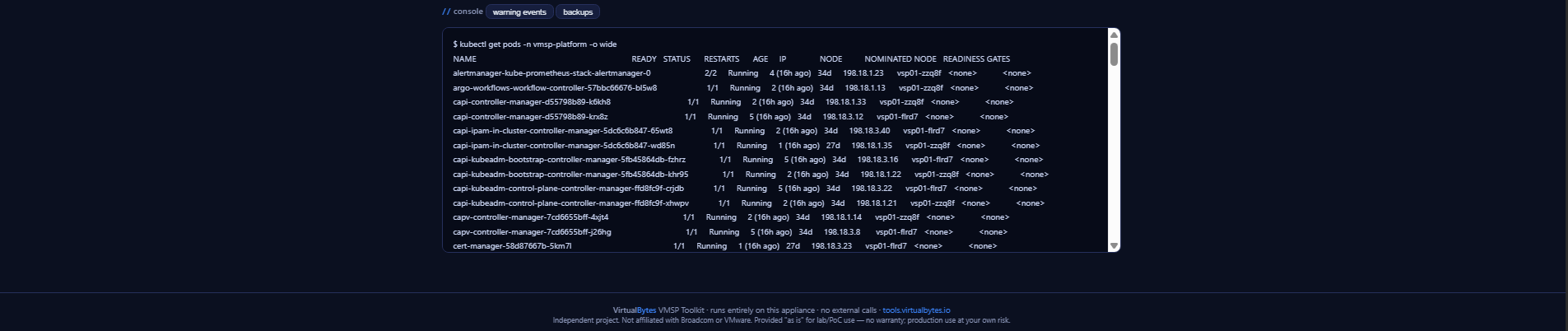 Console panel showing live kubectl pod output