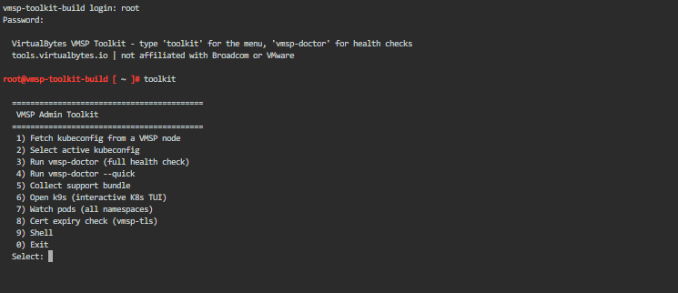 The toolkit CLI menu over SSH