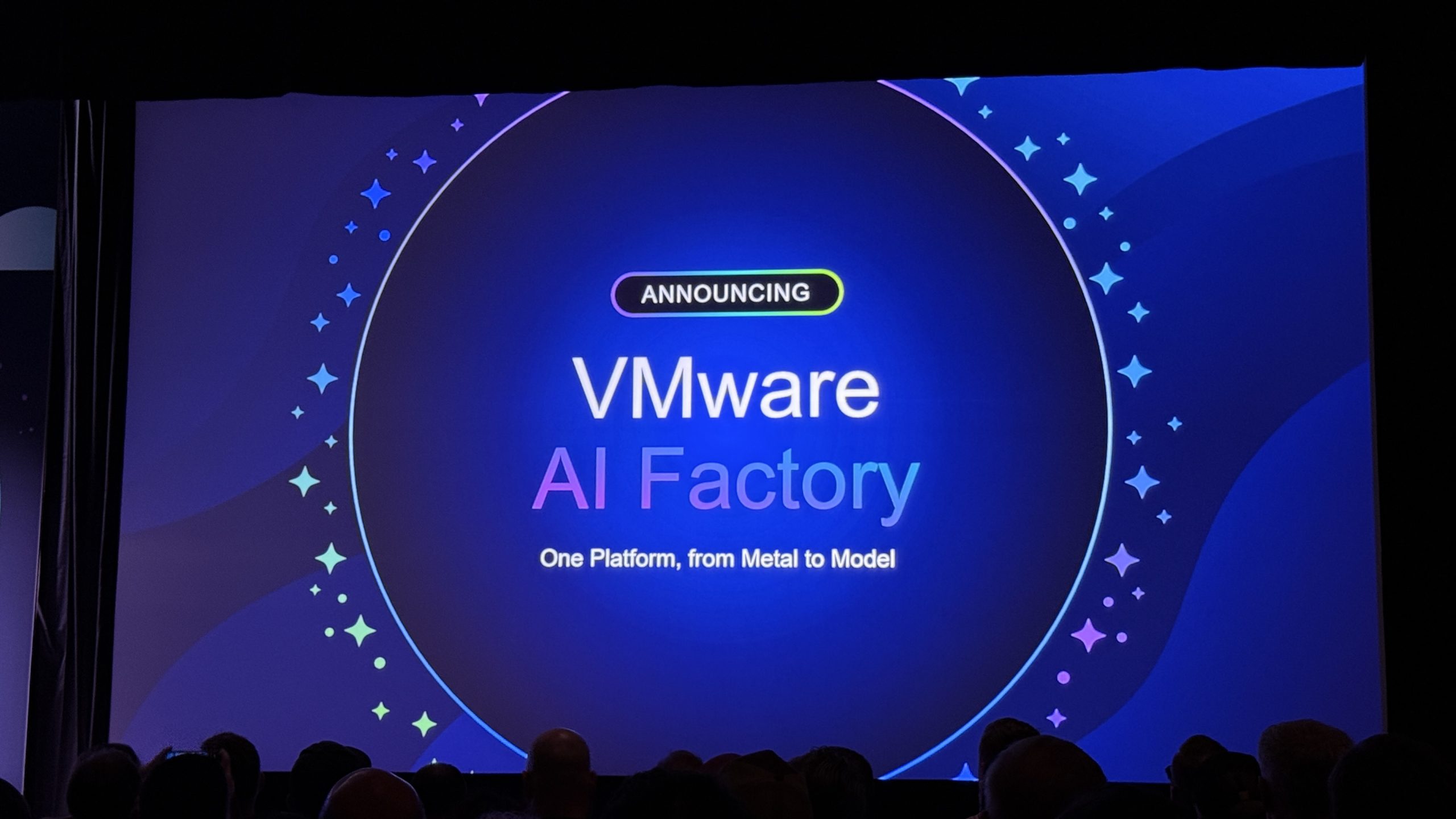 Announcement slide reading VMware AI Factory, One Platform from Metal to Model