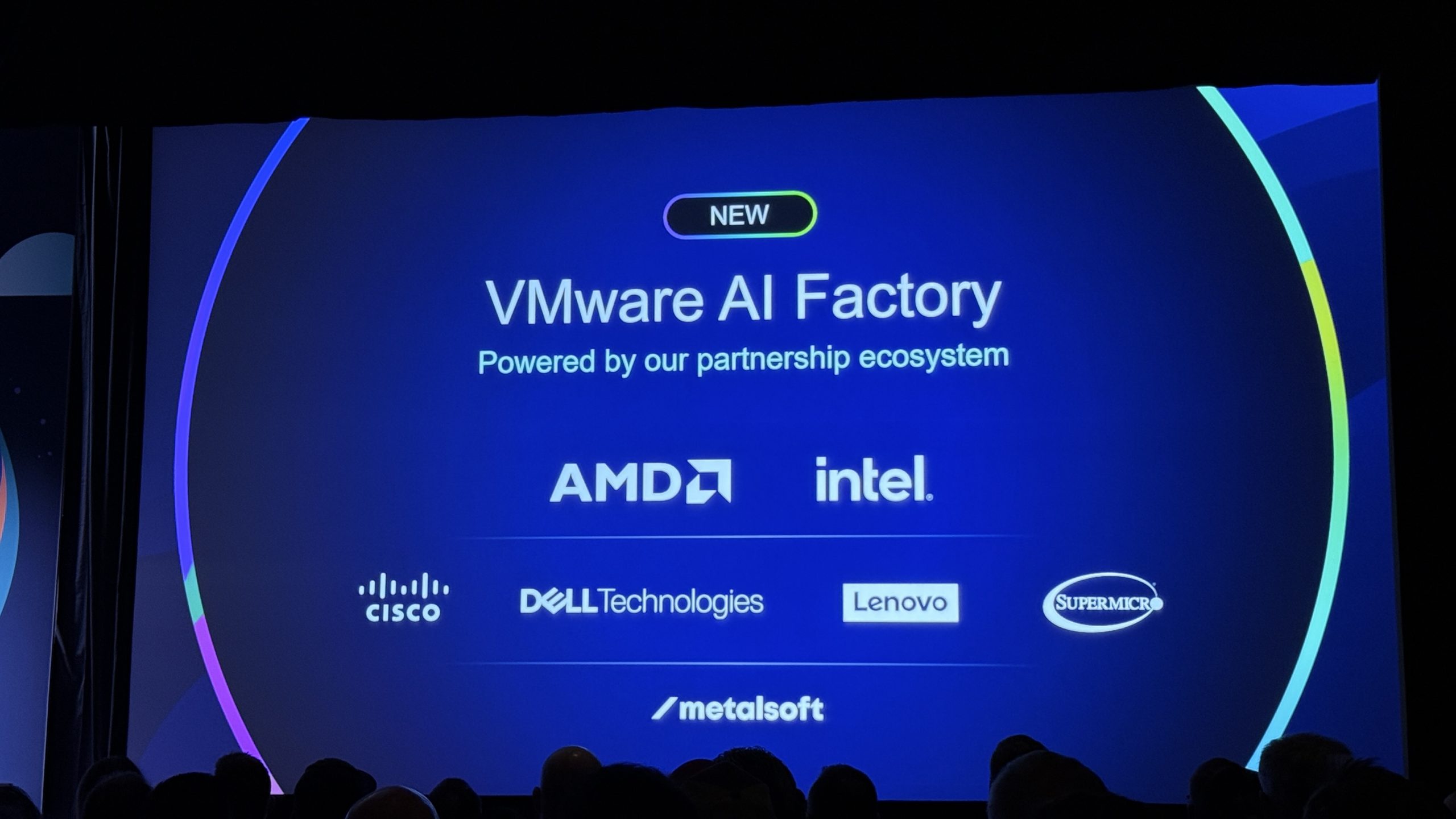 Slide showing VMware AI Factory partner ecosystem logos including AMD, Intel, Cisco, Dell Technologies, Lenovo, Supermicro and MetalSoft