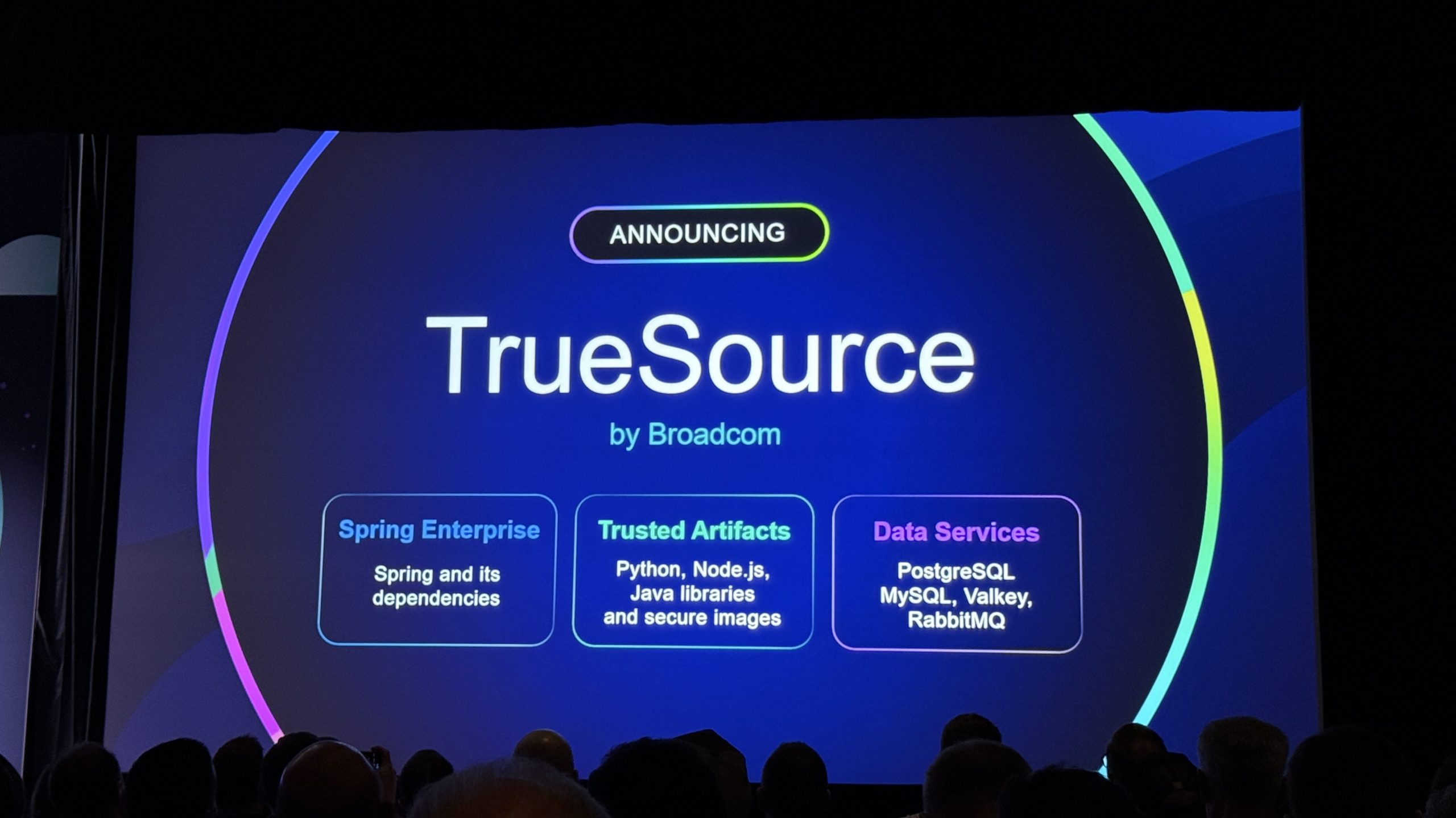 Announcement slide reading TrueSource by Broadcom with Spring Enterprise, Trusted Artifacts and Data Services
