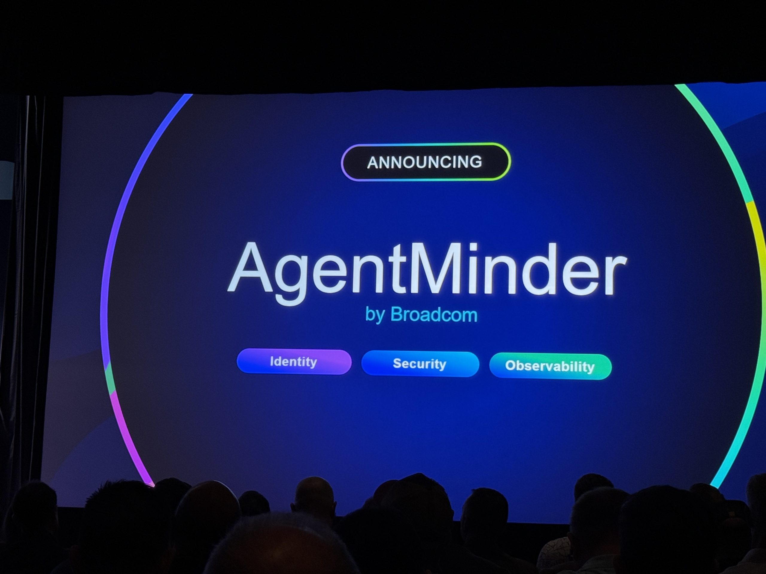 Announcement slide reading AgentMinder by Broadcom with Identity, Security and Observability