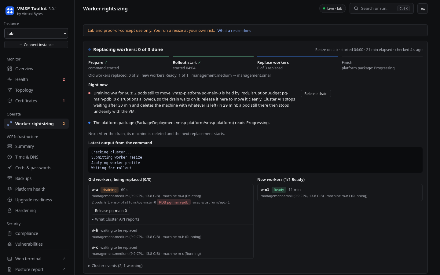 Worker rightsizing page during a rollout in the dark theme, showing the stage, a drain held by a Postgres PodDisruptionBudget, the Release drain button, and old and new workers side by side.