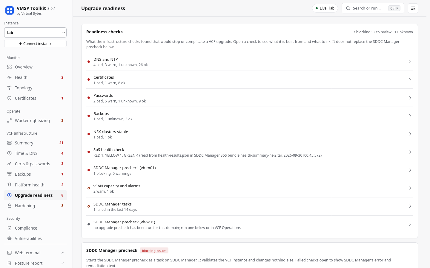 Upgrade readiness page in the light theme showing the list of checks.
