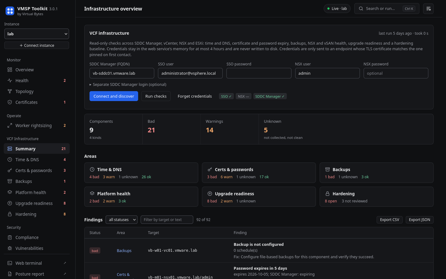 VCF Infrastructure summary page in the dark theme, listing areas and findings.