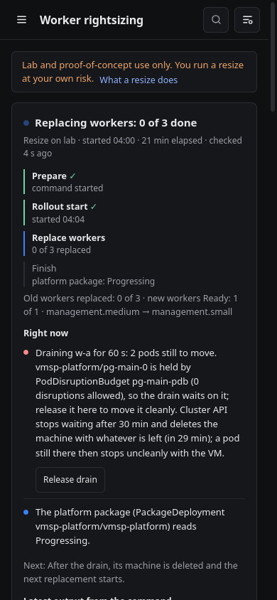The rollout view at phone width in the dark theme.
